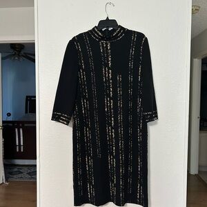 Ming Wang Black Midi Dress with Gold Fleck Vertical Stripes